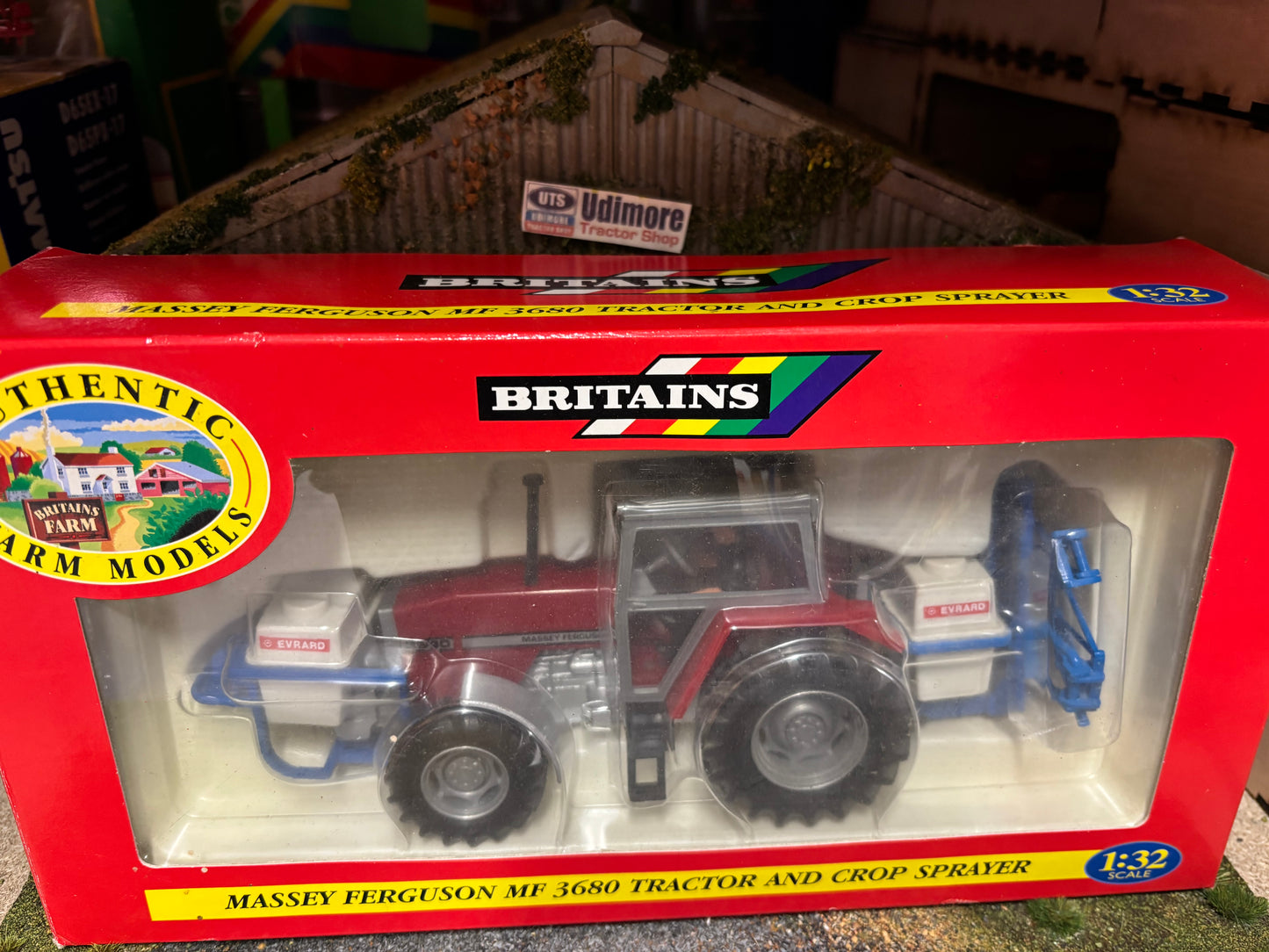9607 Vintage Britains Massey Ferguson 3680 Tractor front and rear Evard sprayer set 1:32 scale boxed