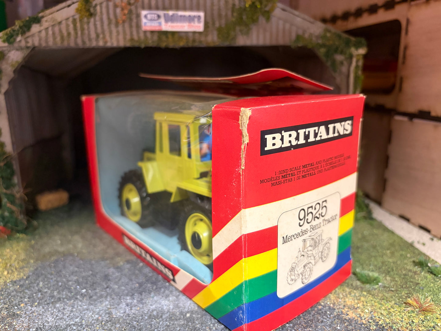 Vintage Britains Mercedes-Benz MB Trac 1500 Tractor 9525 Original Rainbow Box with POS Display Obsolete Rare 1:32 Scale
