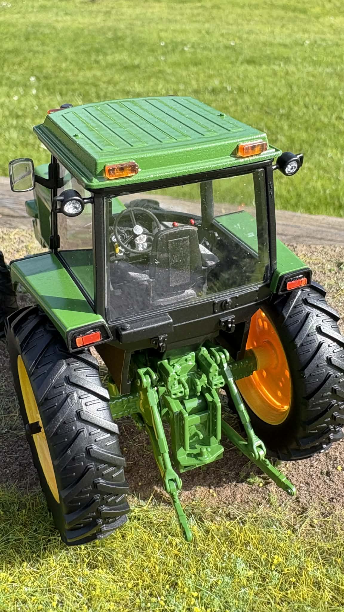 1:32 scale scratch-built John Deere 4040 2WD tractor model, UK spec, green with yellow wheels and detailed cab.