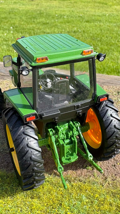 1:32 scale scratch-built John Deere 4040 2WD tractor model, UK spec, green with yellow wheels and detailed cab.