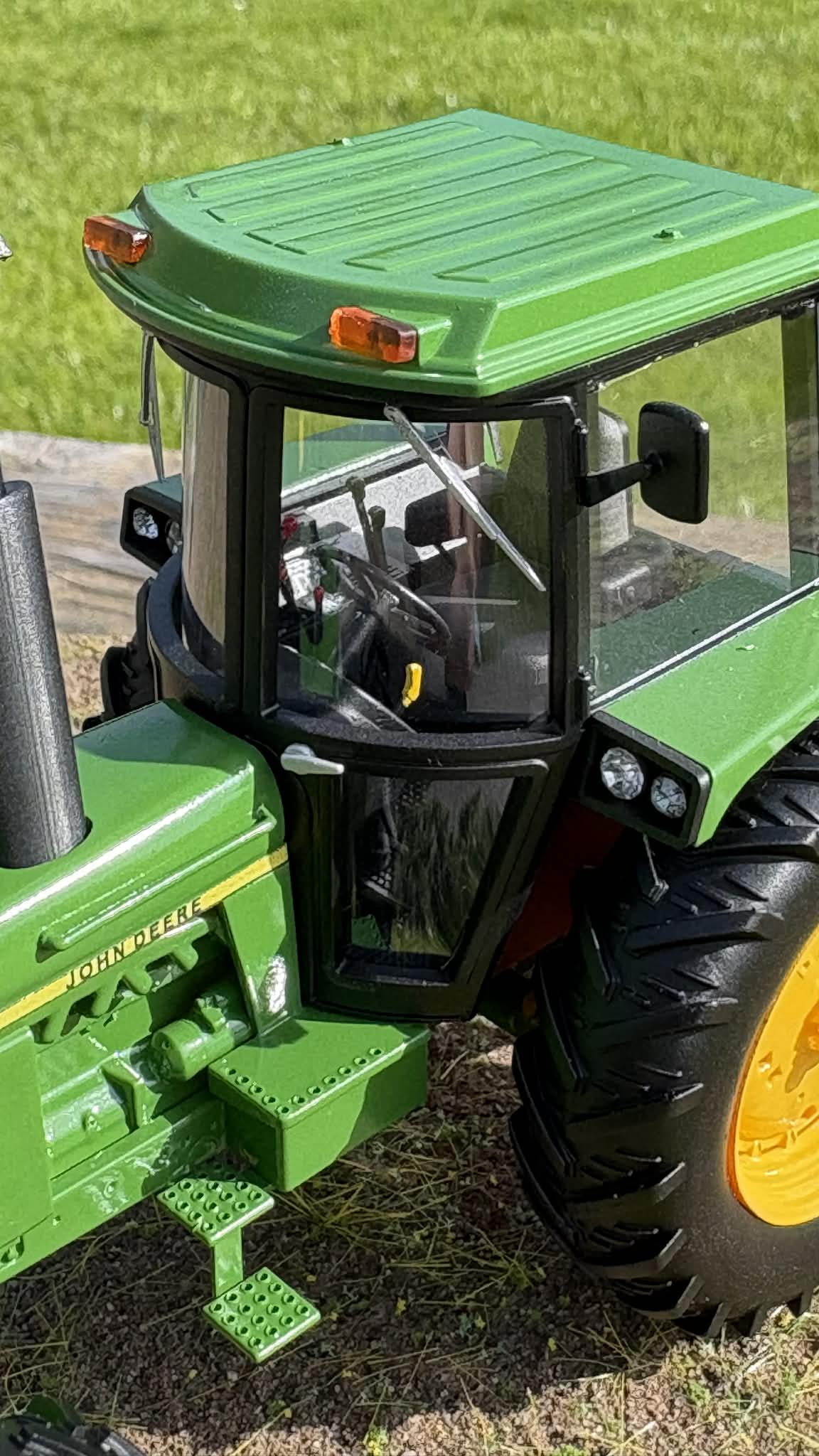 1:32 scale scratch-built UK-spec John Deere 4040 4WD Mk 2 tractor, green with yellow wheels.