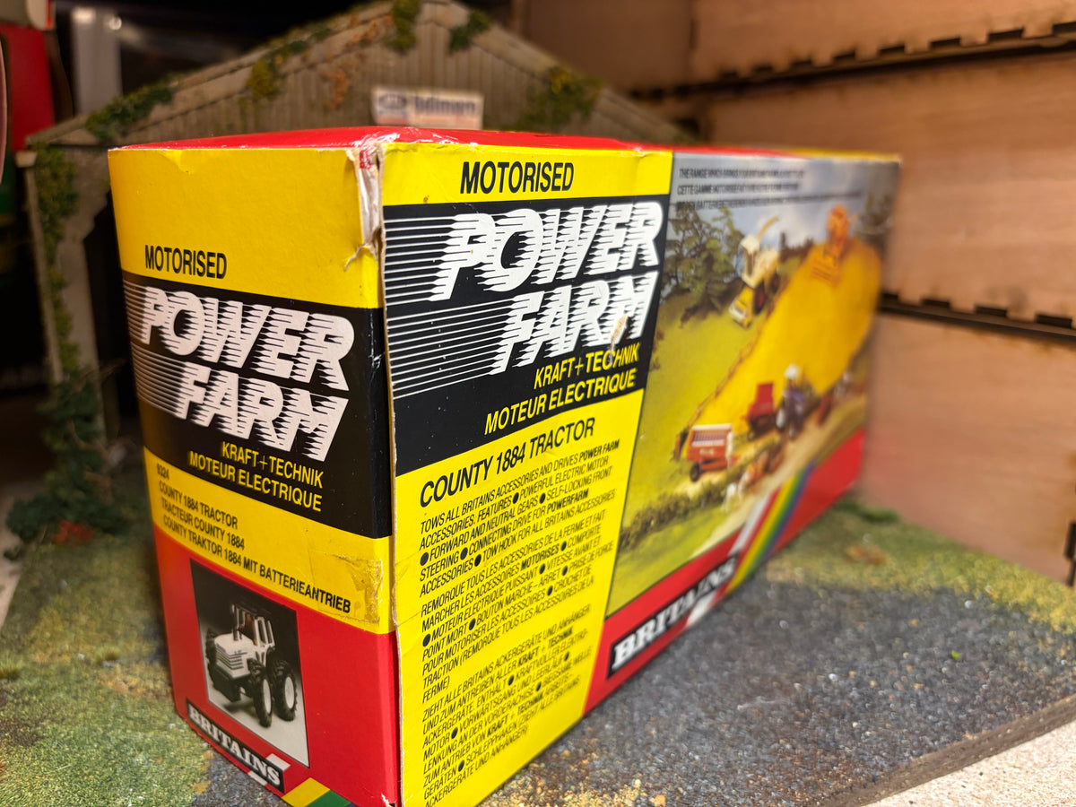 RARE Vintage Britains County 1884 Powerfarm Tractor 9324 – 1989 First Version Black Linkage – 1:32 Scale Boxed