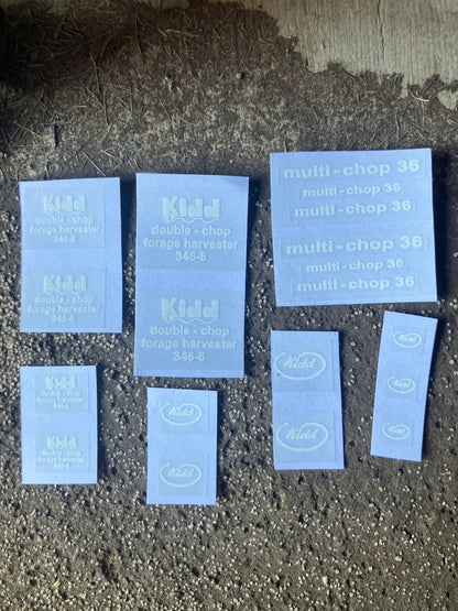 1:32 scale High quality white vinyl 19 x Kidd farm machinery forage harvester double chop decals Image