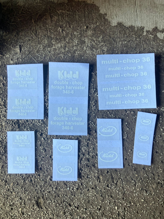 1:32 scale High quality white vinyl 19 x Kidd farm machinery forage harvester double chop decals Image