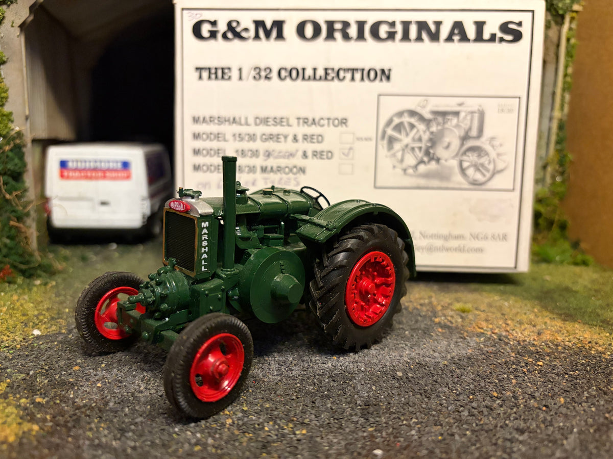 G & M Originals Marshall 18/30 Tractor – Green & Red Rubber Tyres Version – Handmade 1:32 Scale