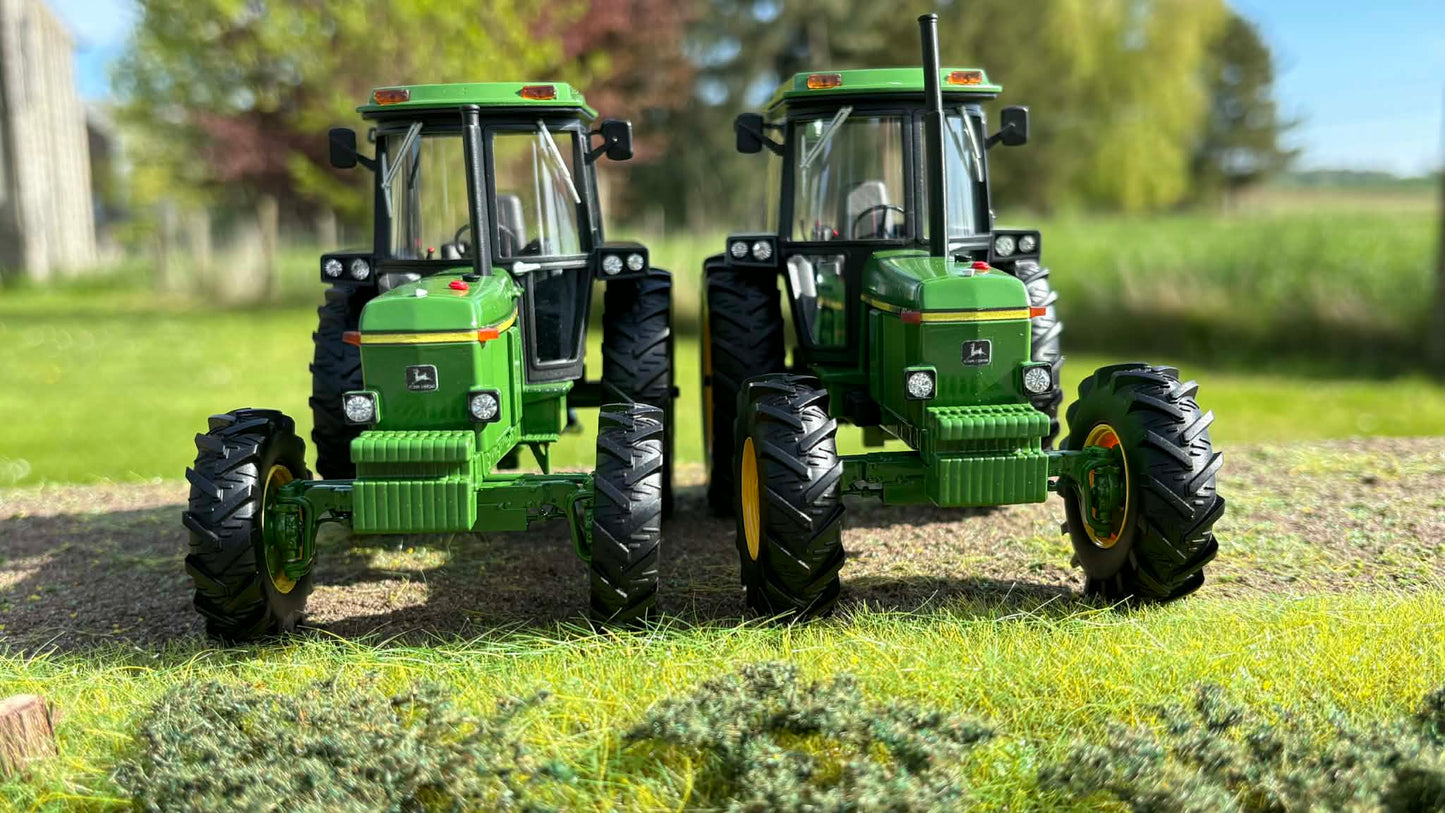 Two John Deere 4040 4WD Mk 2 tractors in 1:32 scale, UK spec, scratch-built, collection only
