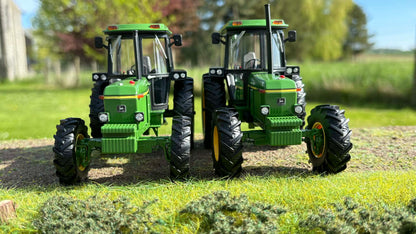 Two John Deere 4040 4WD Mk 2 tractors in 1:32 scale, UK spec, scratch-built, collection only