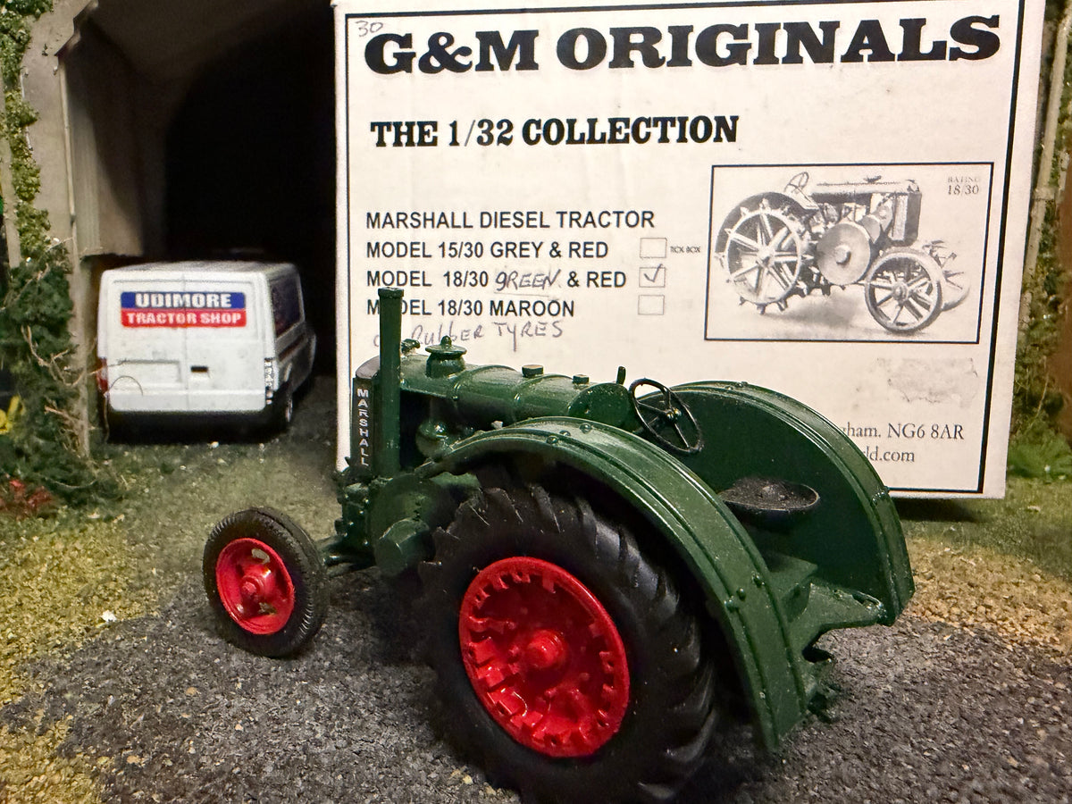 G & M Originals Marshall 18/30 Tractor – Green & Red Rubber Tyres Version – Handmade 1:32 Scale
