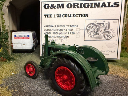 G & M Originals Marshall 18/30 Tractor – Green & Red Rubber Tyres Version – Handmade 1:32 Scale