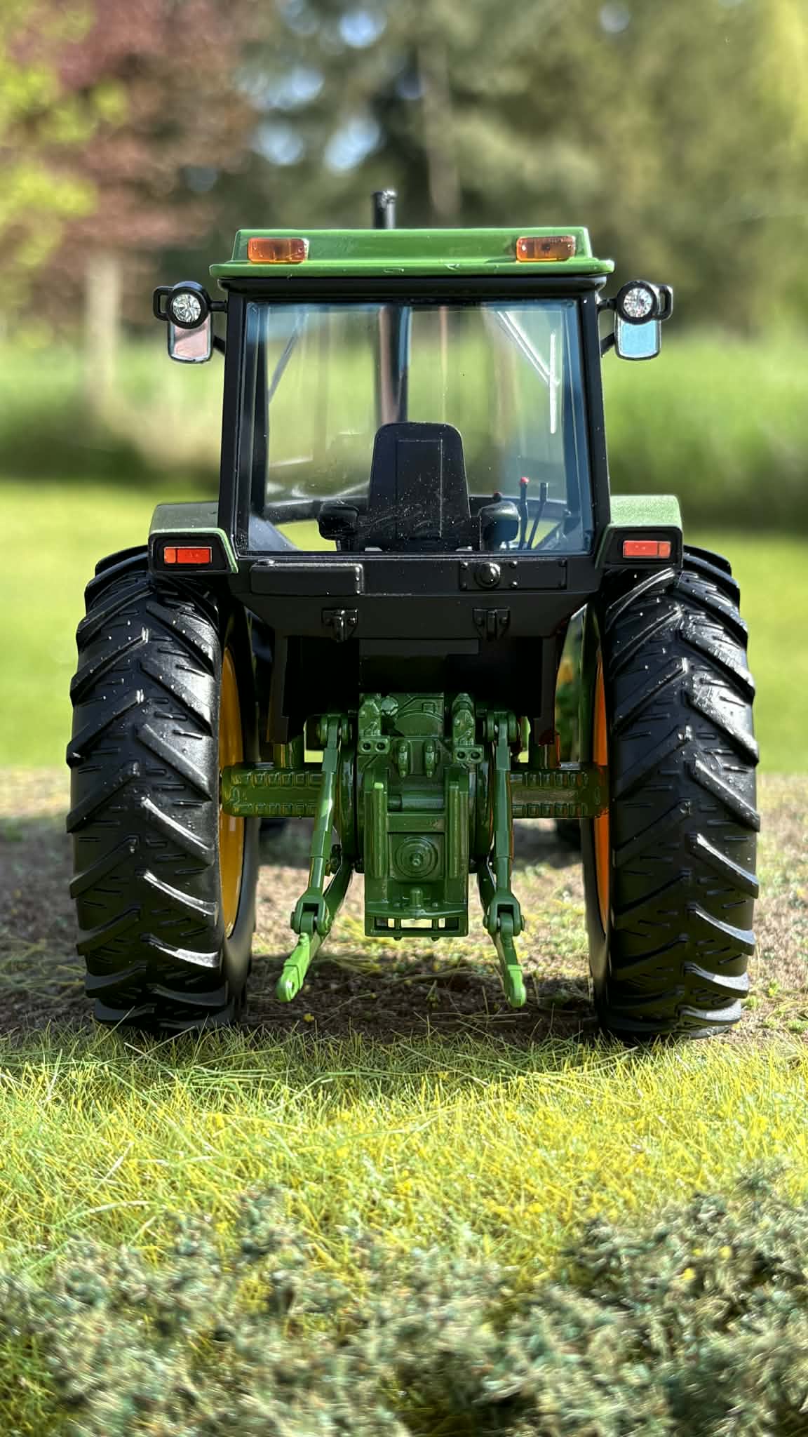 1:32 scale UK-spec John Deere 4040 Mk2 4WD tractor, scratch-built, rear-view model on grass