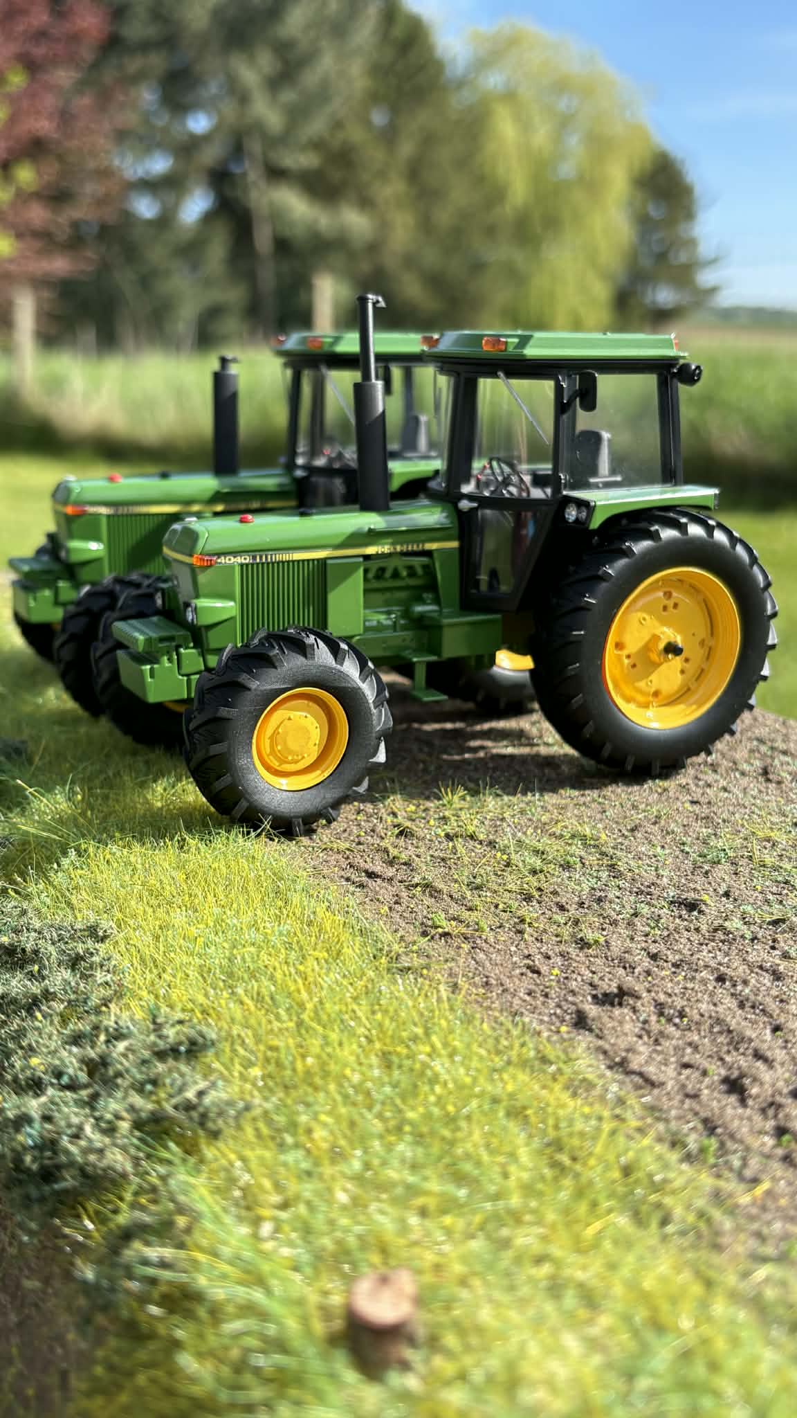 Pair of 1:32 scale scratch-built John Deere 4040 Mk2 4WD tractors, UK spec, green with yellow rims.