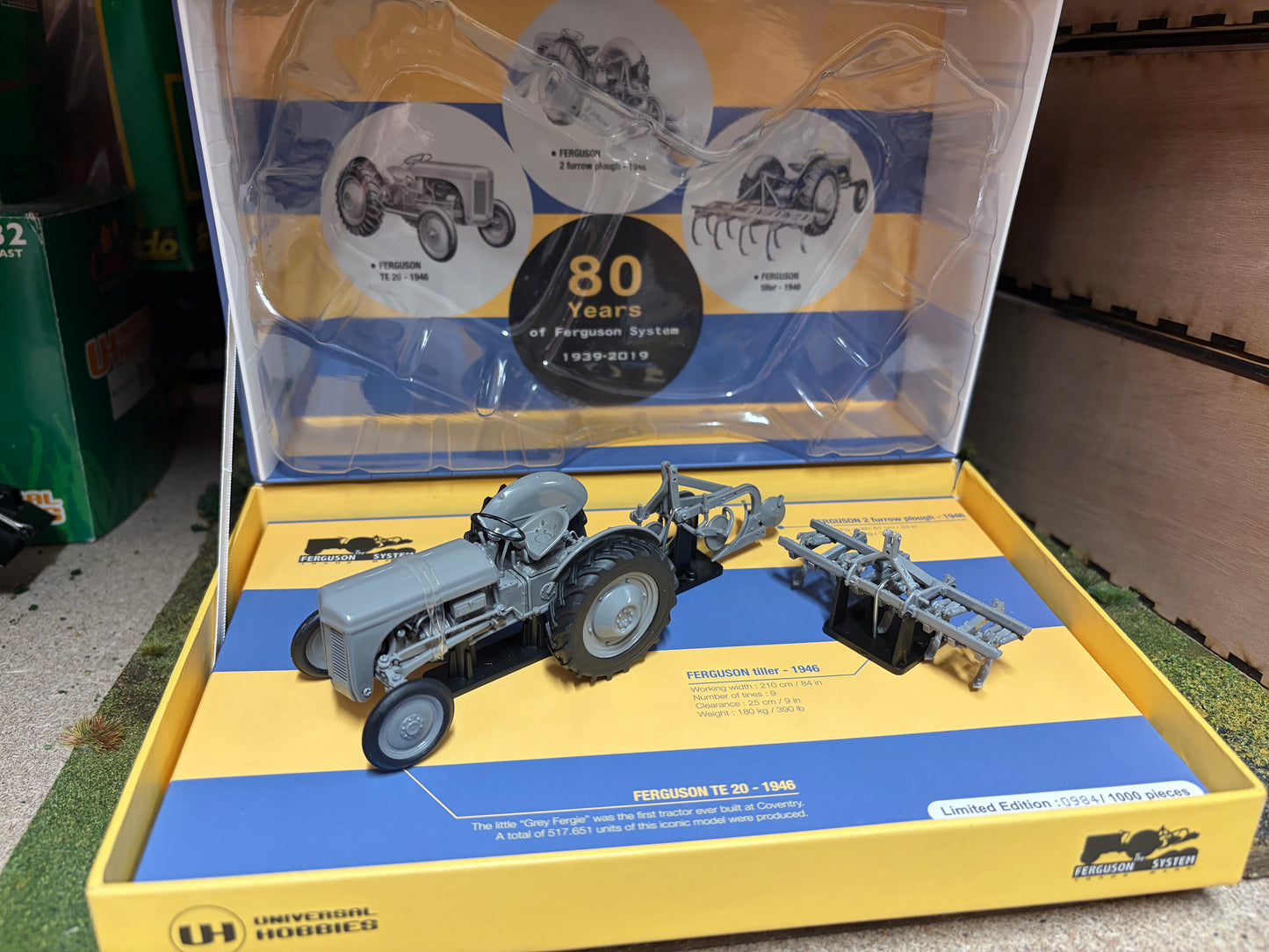 Universal Hobbies Ferguson TE-20 Tractor with Ferguson Plough & Tiller Set UH6238 Limited Edition Obsolete 1:32 Scale
