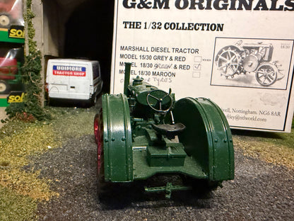 G & M Originals Marshall 18/30 Tractor – Green & Red Rubber Tyres Version – Handmade 1:32 Scale