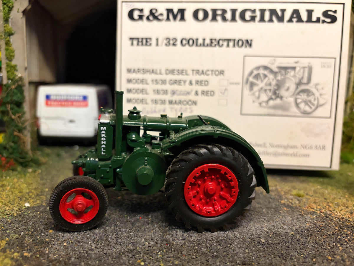 G & M Originals Marshall 18/30 Tractor – Green & Red Rubber Tyres Version – Handmade 1:32 Scale