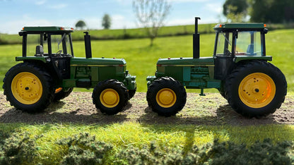 Two John Deere 4040 4WD Mk 2 model tractors, UK spec, scratch-built, 1:32 scale by MAP Miniagripassion