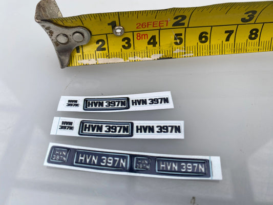 HVN 397N Vintage style number plates Professional Pre Cut High quality vinyl decal packs stickers 1:32 scale Image