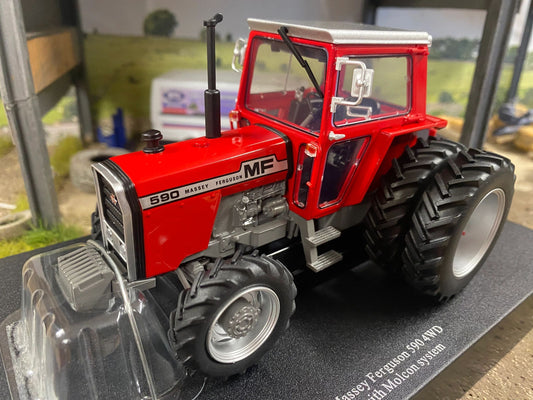 Limited Edition Universal Hobbies Massey Ferguson 590 4wd Tractor red cab rear Molcon duals BOXED 1:32 scale UH6766 Image